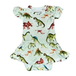 Posh Peanut Mint Dinosaur Print Dress Bodysuit with Multicolor Dinosaurs